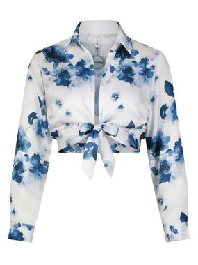 Women's Blue Floral Tie-Front Shirt